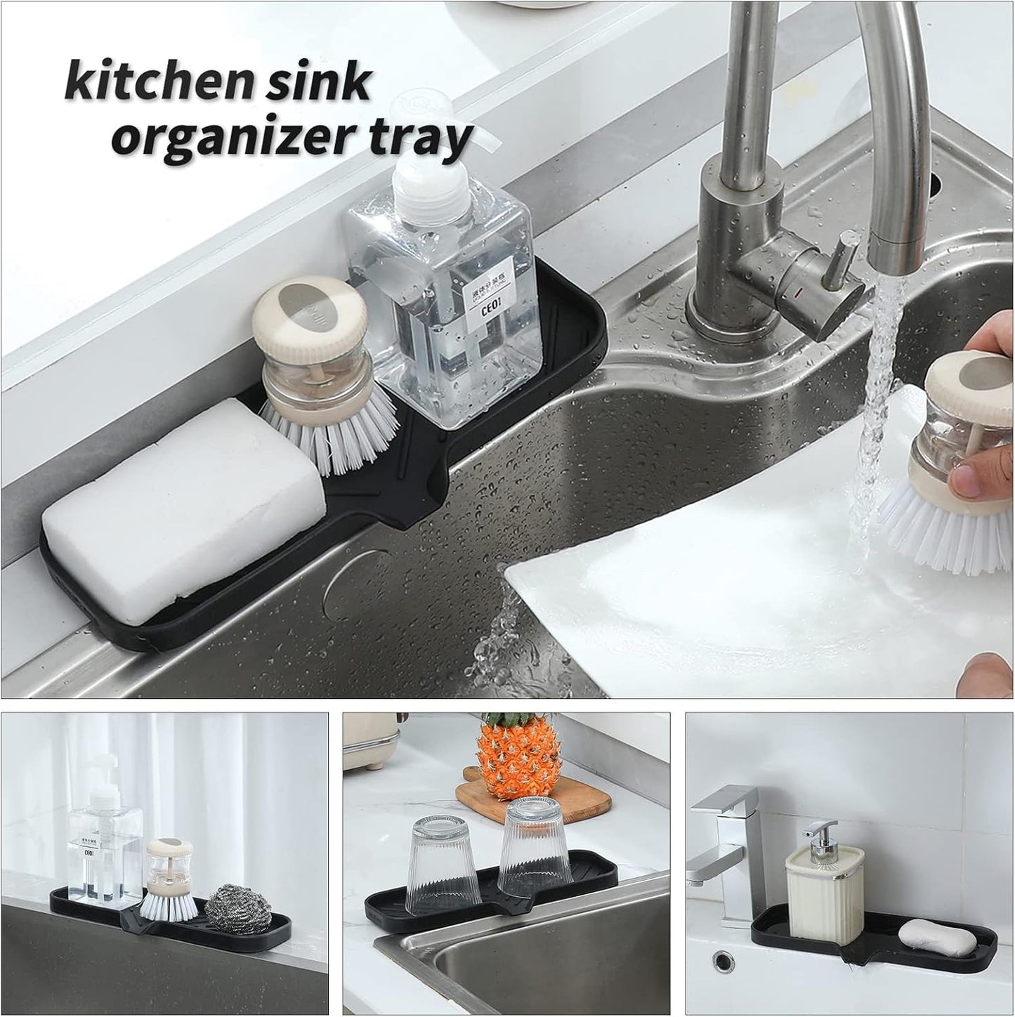MicoYang Silicone Bathroom Soap Dishes with Drain Spout-Bathroom and Kitchen Sink Organizer,Sponge Holder,Dish Soap Tray,Perfect for Dispenser,Scrubber,Bottle,Cup on Sink or Counter-Black 4.9"×3.2"
