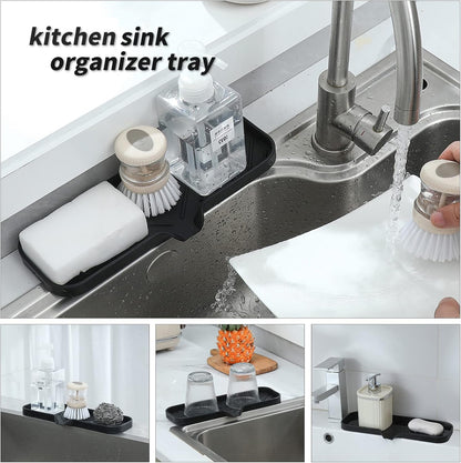 MicoYang Silicone Bathroom Soap Dishes with Drain Spout-Bathroom and Kitchen Sink Organizer,Sponge Holder,Dish Soap Tray,Perfect for Dispenser,Scrubber,Bottle,Cup on Sink or Counter-Black 4.9"×3.2"