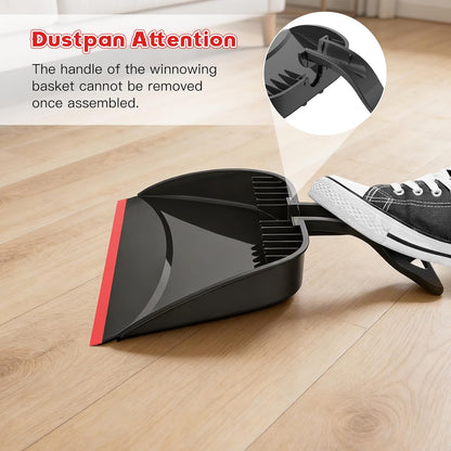 Broom and Step-on Dustpan Set, 59-in Adjustable Long Handle Broom with Dustpan Combo Set Outdoor Angle Broom for Sweeping Indoor Dust Pet Hair for Cleaning Kitchen Garage Deck Patio, Black&Red