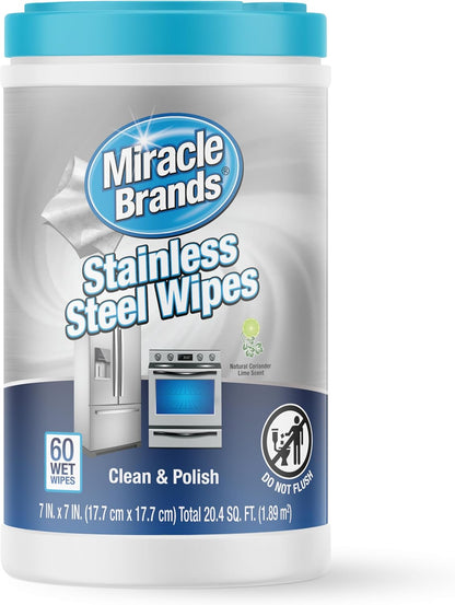 MiracleWipes for Stainless Steel, Great for Kitchen and Appliances, Including Oven, Refrigerator, Dishwasher, Microwave, Sink, Hood, Grill, Removes Fingerprints and Smudges - 60 Count