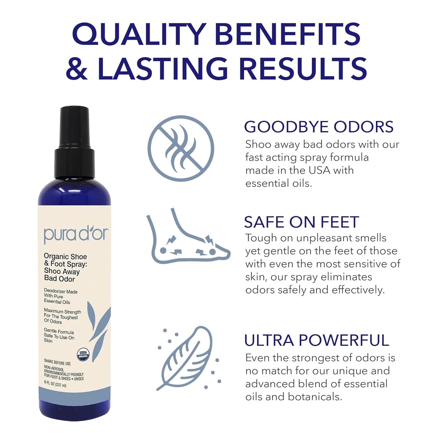 PURA D'OR Organic Shoe & Foot Odor Eliminator Spray (8oz) Deodorizes & Removes Bad Smells with Eucalyptus, Peppermint, Tea Tree, Lemongrass Essential Oil, Maximum Strength (Packaging may vary)
