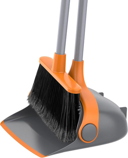 MR.SIGA Broom and Dustpan Set with Adjustable Long Handle, Upright Combo for Floor, Cleaning Lobby, Gray