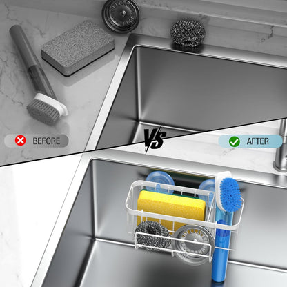 3-in-1 Kitchen Sink Caddy Organizer with Sponge Holder, Brush Holder, Extra Rack for Scrubber, Sink Stopper, Dish Cloth Hanger - Strong Dual Suction Cup, 2.0mm SUS304 Stainless Steel - Grey