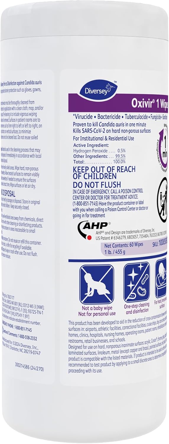 Oxivir Diversey 1 Disinfectant Wipes, AHP Hydrogen Peroxide Cleaner, Multi-Surface Cleaner for Home & Commercial Use, Medium Wipes, 60 Count Slim Canister
