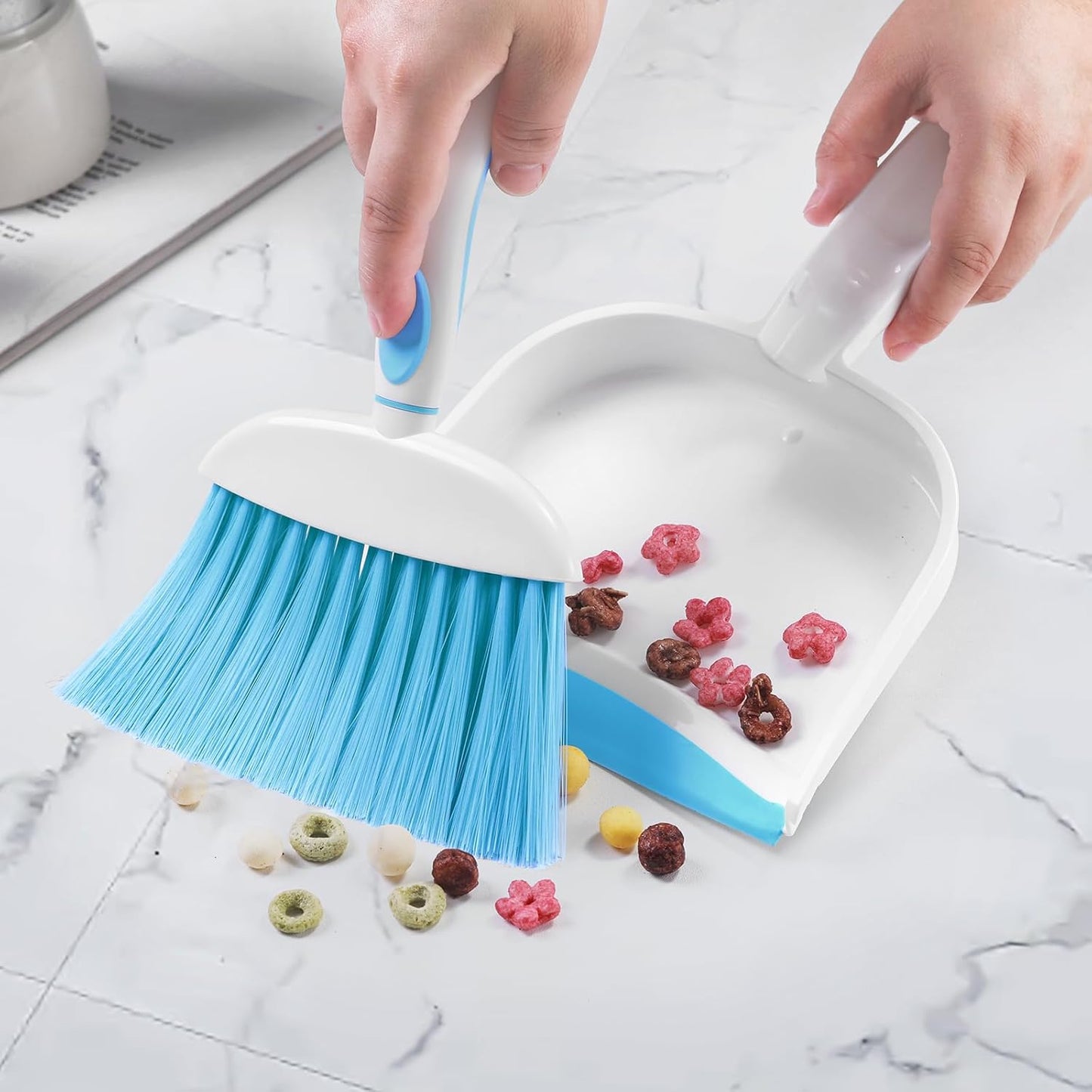 NACENA Small Dust Pan and Brush Set, Mini Broom and Dustpan Set Small Hand Broom and Brush Combo Dust Pan with Teeth for Home Cleaning Drawers Desktop Sofas and Outdoor, White & Gray