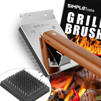 SIMPLETASTE Grill Brush and Scraper for BBQ, Durable & Effective, Replaceable Stainless Steel Head, Wooden Handle Wire Grill Brush for Outdoor Grill, Barbecue Accessories
