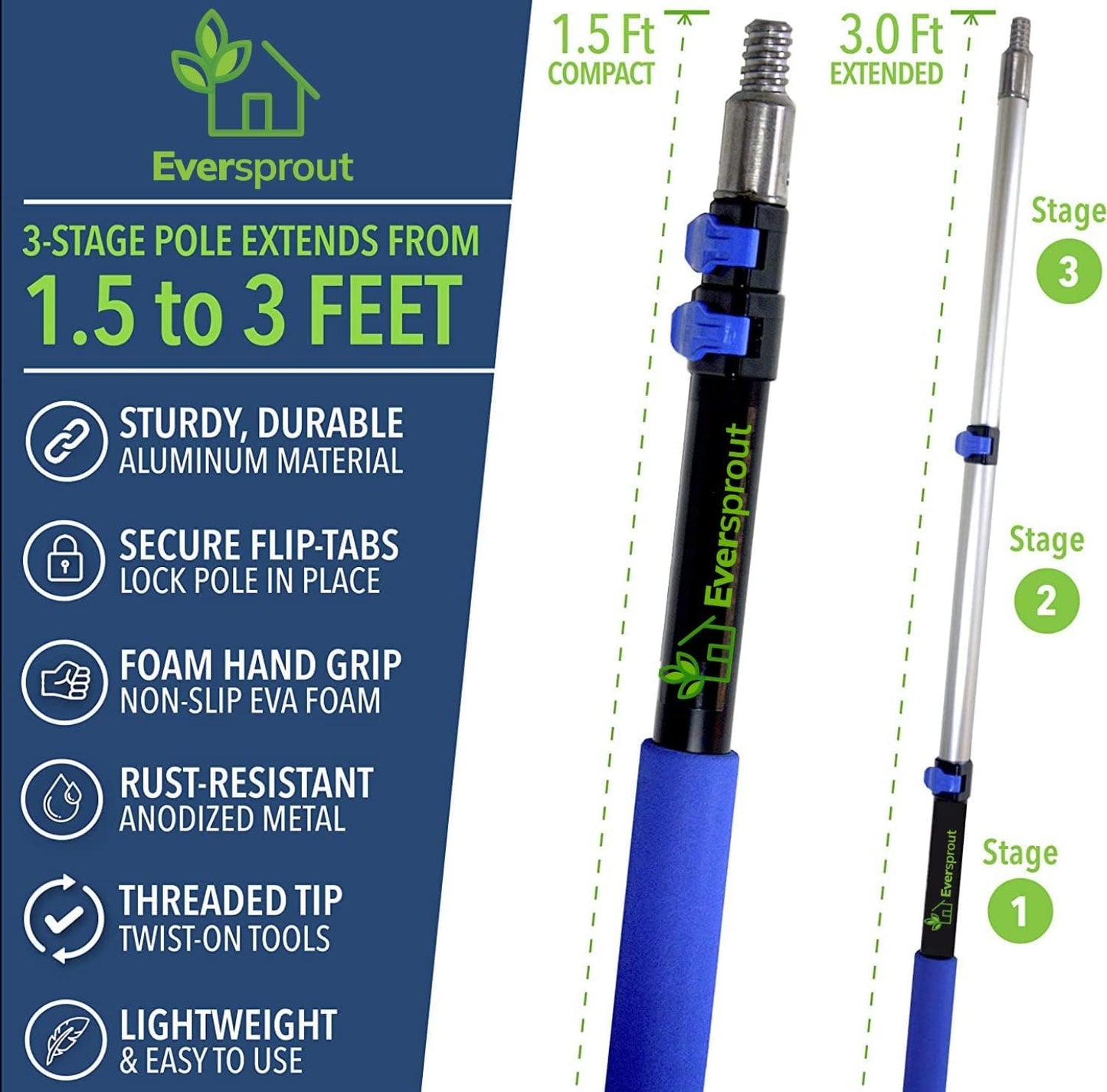 EVERSPROUT 3 Foot Flexible Microfiber Ceiling & Fan Duster | Bendable to Clean Any Fan Blade | Removable & Washable Brush Head | 3-Stage Lightweight Aluminum Extension Pole