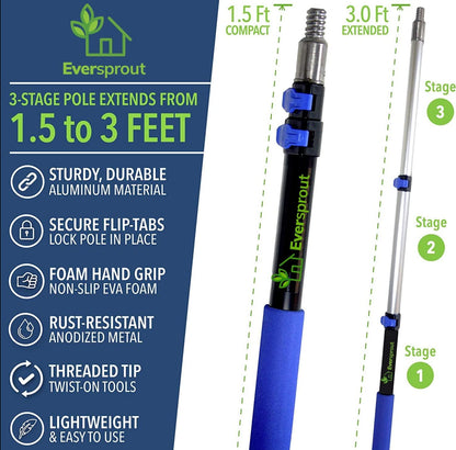 EVERSPROUT 3 Foot Flexible Microfiber Ceiling & Fan Duster | Bendable to Clean Any Fan Blade | Removable & Washable Brush Head | 3-Stage Lightweight Aluminum Extension Pole