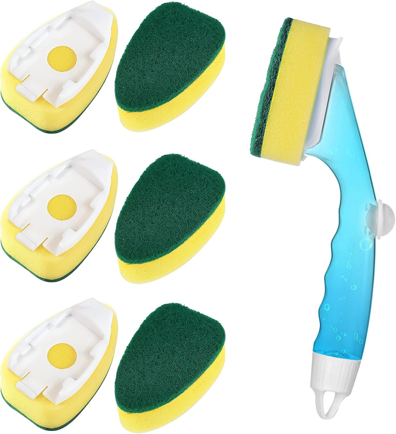 HELIME Heavy Duty Dish Wand Refills Kit with Handle, 6 Non Scratch Dishwand Refill Pack, Replacement Sponge Heads Set,Dishwashing Scrub Brush,Soap Control Dispenser Scrubbers, Dishwasher Cleaning Tool