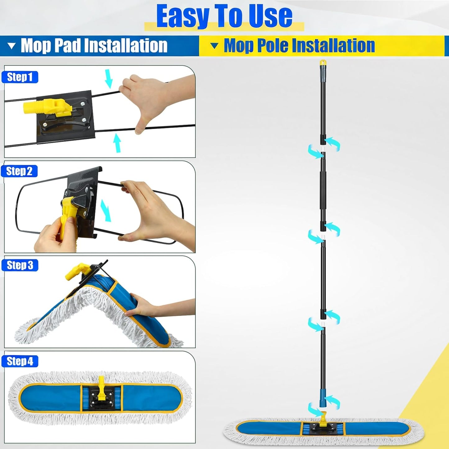 24 Inch Commercial Dust Mop,Heavy Duty Dry Wet Dust Mops Broom for Hardwood Floor, Laminate, Tile, Concrete Cleaning | 60 Extendable Handle & 2 Cotton Mop Heads | Home, Garage, Warehouse Use