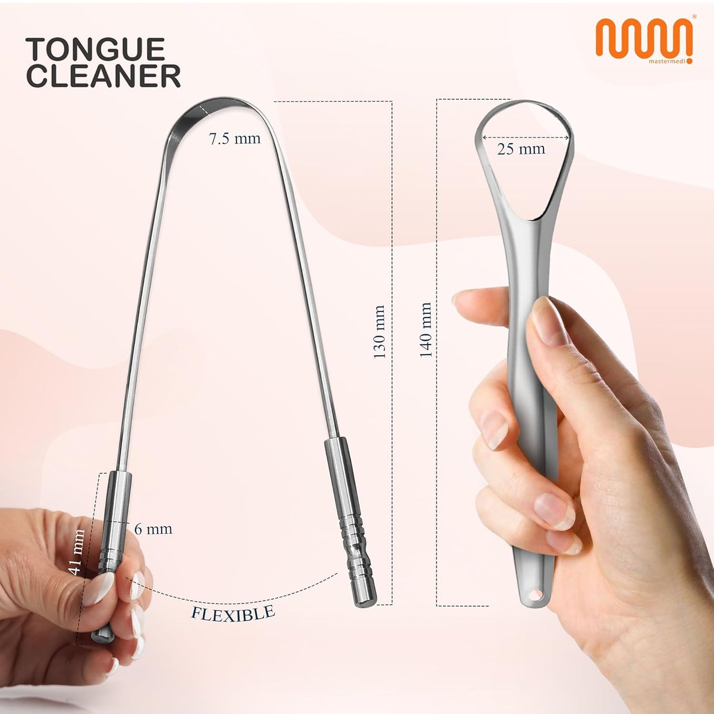 MasterMedi Tongue Scraper for Adults, 100% Stainless Steel Tongue Scrubber for Bad Breath, Easy to Use, Tongue Cleaner for Oral Care & Hygiene (SS Uni|Pack of 2)