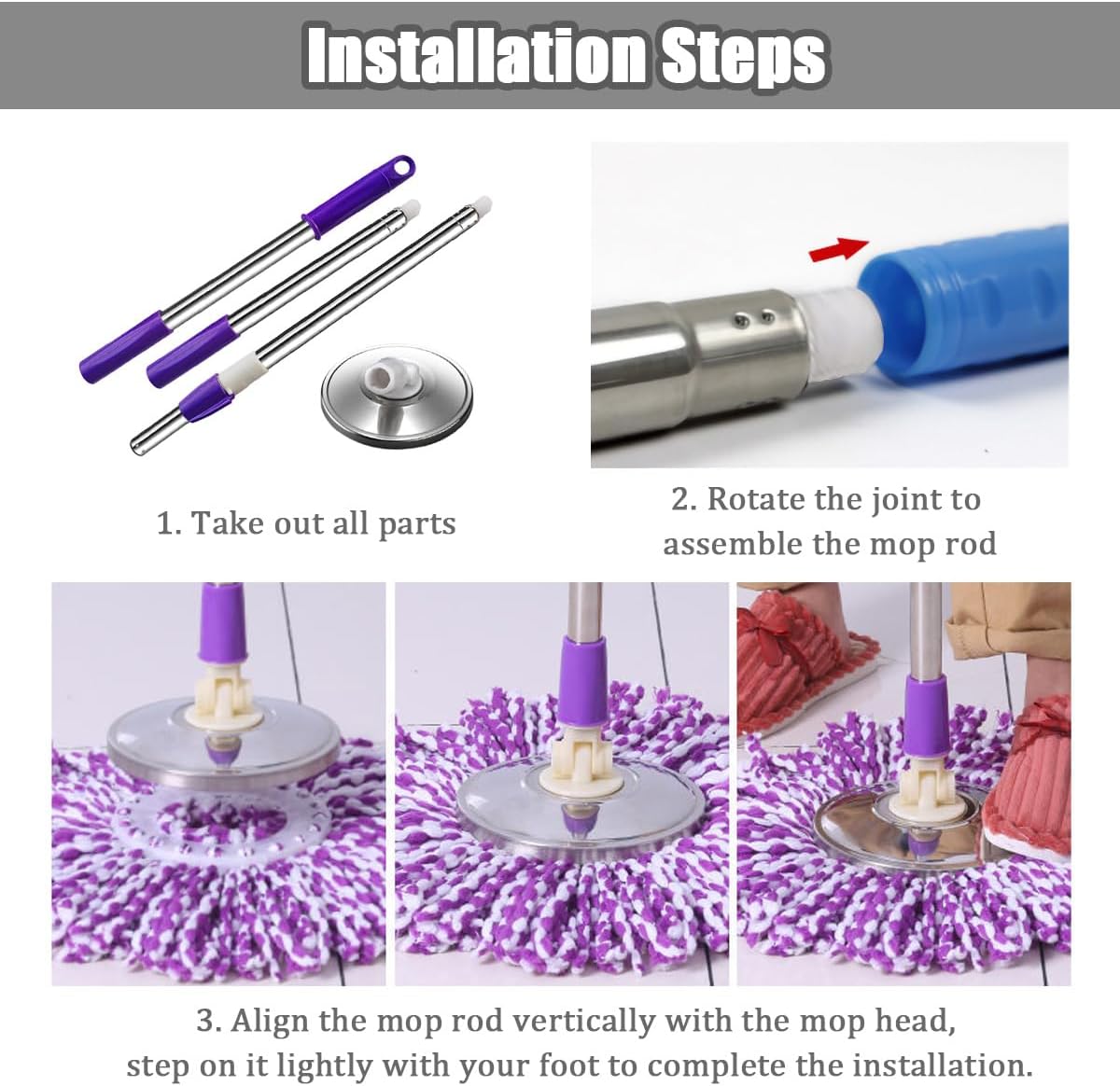 Extended Spin Mop Replacement Mop Handle, Upgraded 60-inch 360 Degrees Rotating Telescopic Replacement Mop Stick for Spin Mop Bucket Cleaning System Floor Cleaning (Plastic Disc, Green)