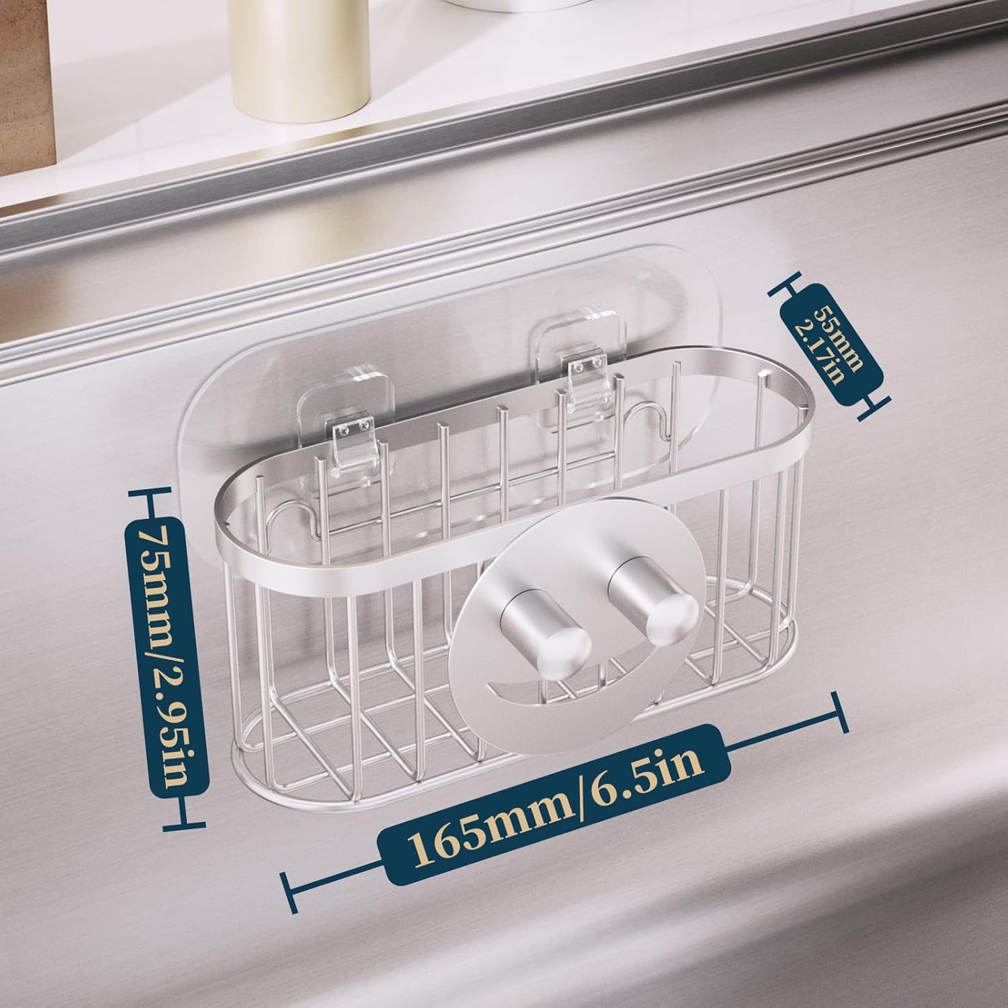 Consumest Sponge Holder Sink Caddy - Ladder Shaped Sponge Holder for Kitchen Sink with 2 Installation Ways (Suction Cups & Adhesive Hook), Rustproof Stainless Steel Kitchen Organizer, Silver