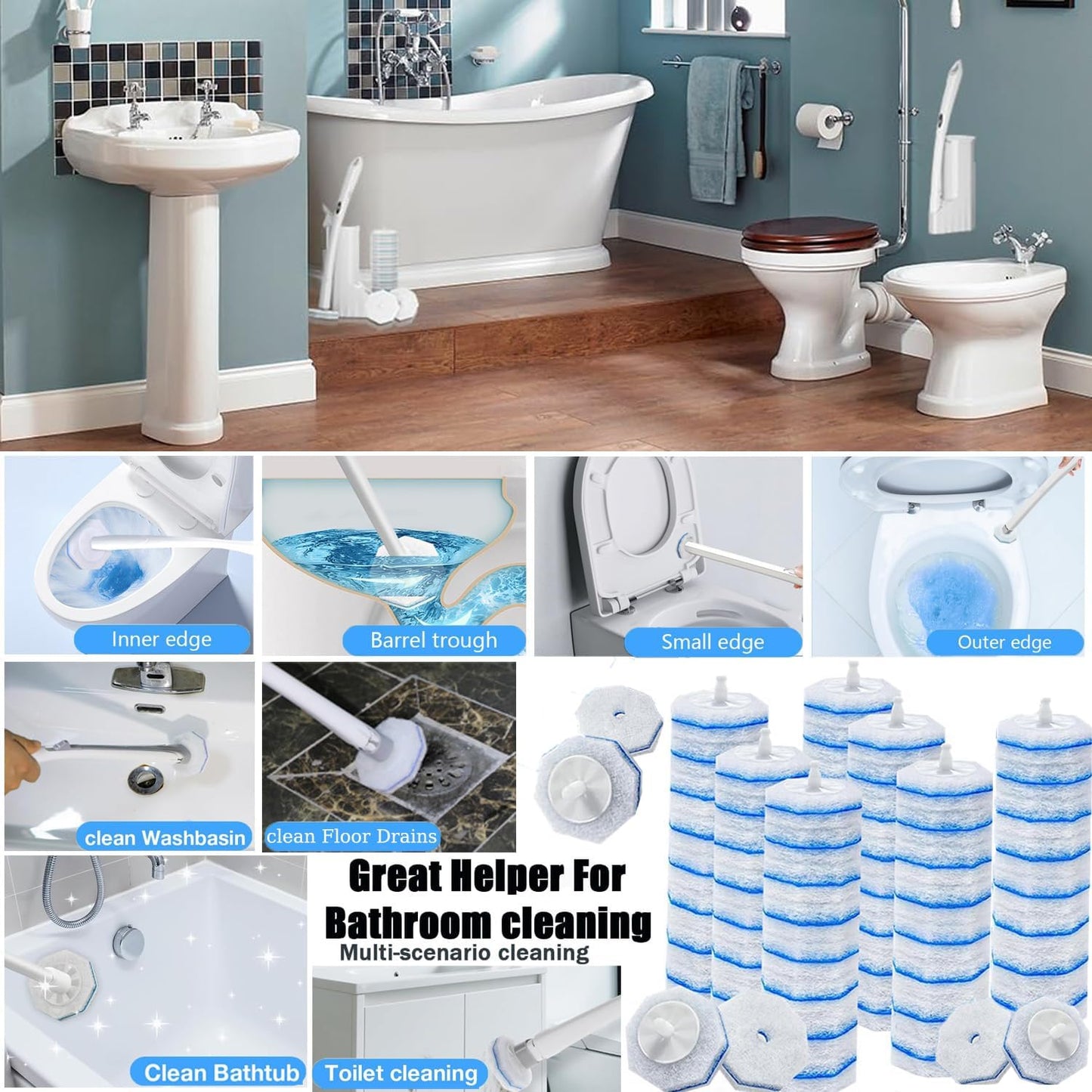 60pcs Count Toilet Bowl Wand Refills,Toilet brush,Disposable Toilet Cleaner Refills,Thickened Cleaning Layer,Won't Fall Apart,for Ceramics and Bathroom Cleaning (Blue)