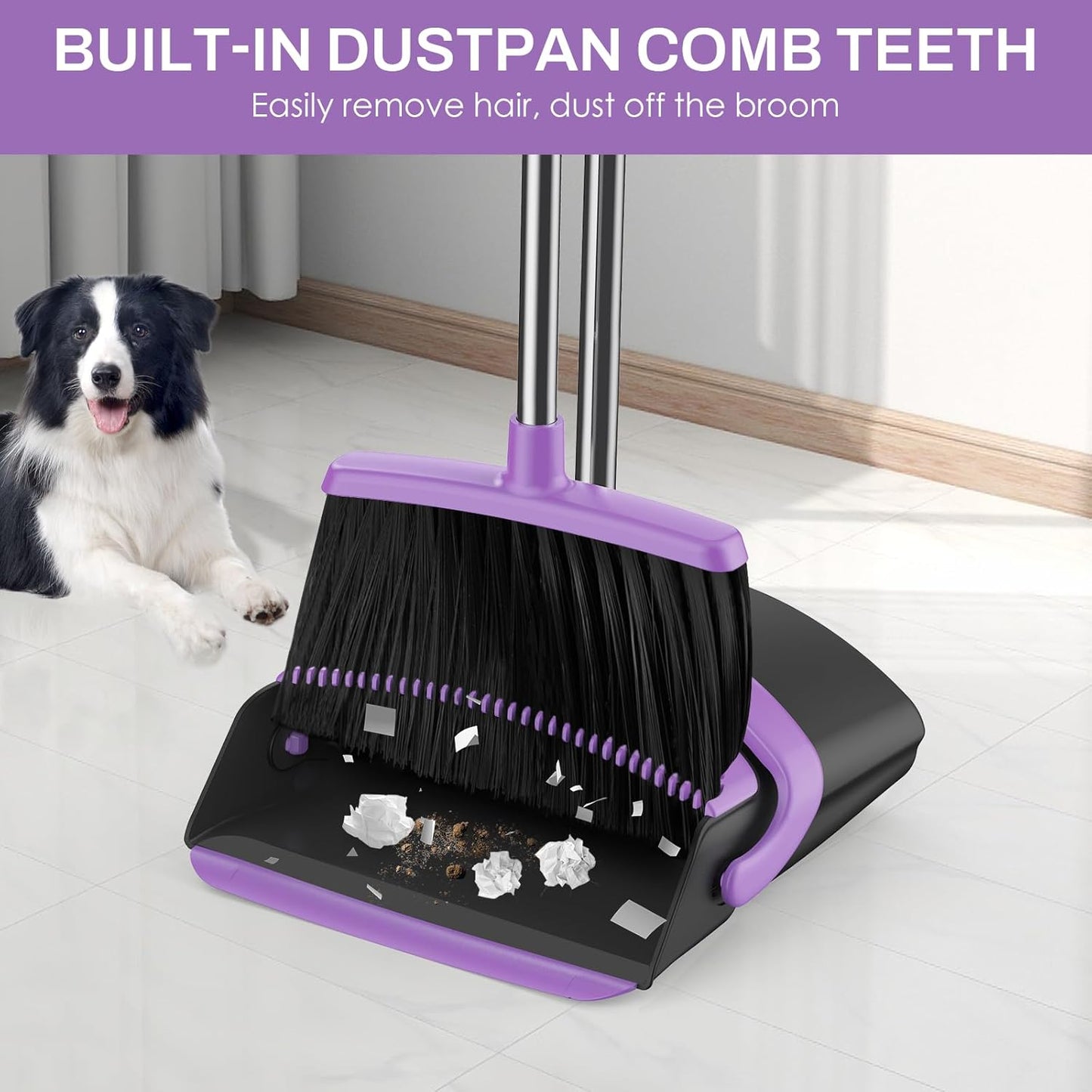 Broom and Dustpan Set for Home, 51-in Long Adjustable Handle Angle Broom and Dustpan Combo Set with Dust Pan Teeth to Clean Hair for Home Kitchen Office Lobby Floor Garden (Black&White)