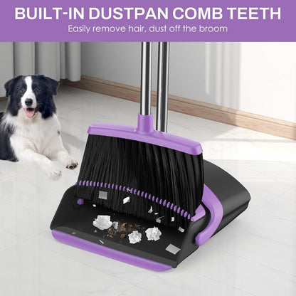 Broom and Dustpan Set for Home, 51-in Long Adjustable Handle Angle Broom and Dustpan Combo Set with Dust Pan Teeth to Clean Hair for Home Kitchen Office Lobby Floor Garden (Black&White)
