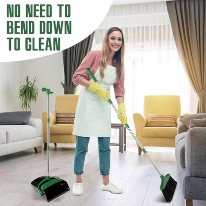 Broom and Dustpan Set with Long Handle, Light Weight Stainless Steel Poles Stand Upright Dustpans with Broom Combo for Home Kitchen Office Pet Dog Hair, 1-Pack (Purple)