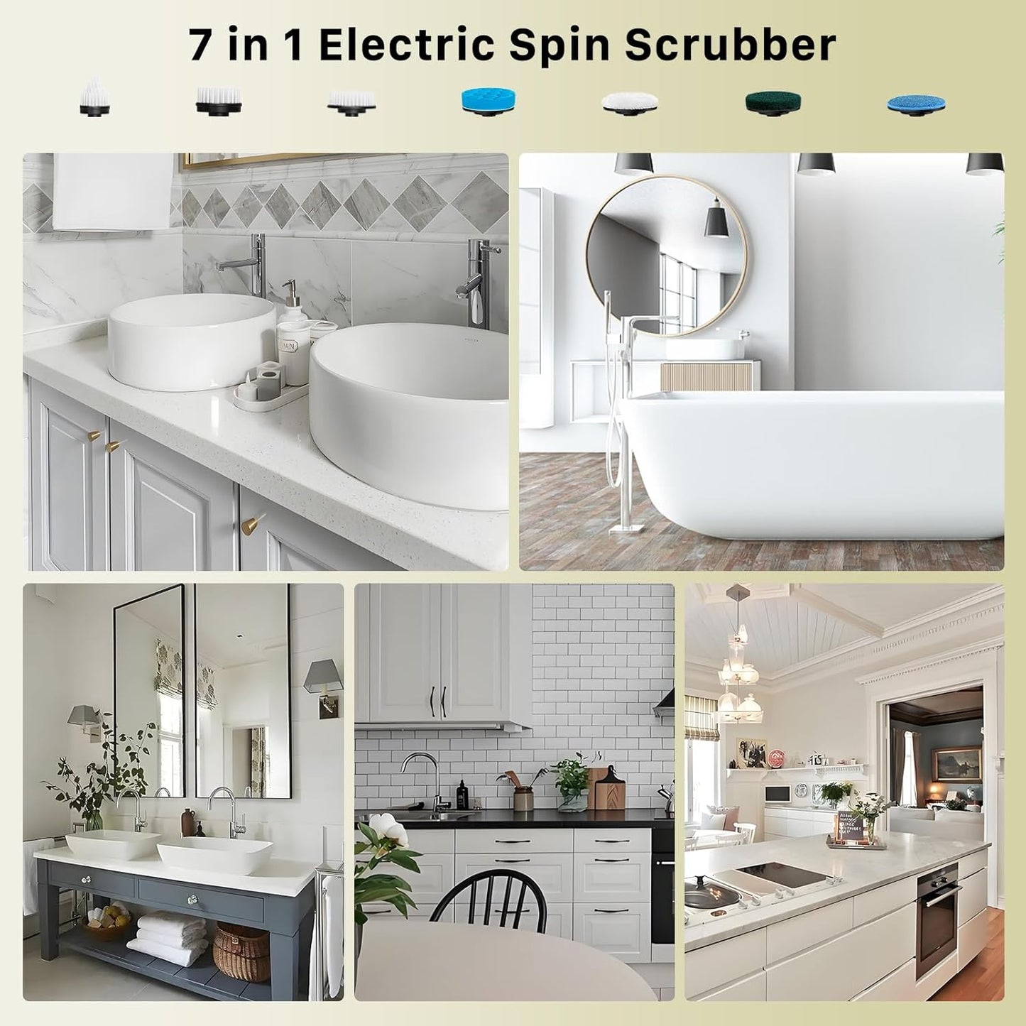 Electric Spin Scrubber, Hillyfe Bathroom Scrubber Electric with 7 Replaceable Brush Heads, IPX7 Waterproof,300/400 RPM, 3 Adjustable Length,Scrubber Brush Electric for Bathtub Floor,White