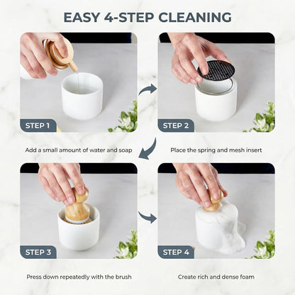 ONEMORE Bamboo Dish Brush with Ceramic Foaming Base, Kitchen Sink Scrub Brush Set with Spring and Mesh Insert, Wooden Handle Dishwashing Brush for Pots Pans Plates Bowls, White