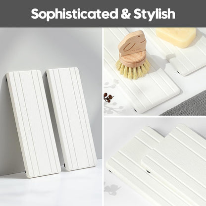 2PCS Water Absorbing Stone Drying Tray Mat for Bathroom Sink & Kitchen Counter Faucet Organizer, Quick Dry Dish Rack Soap Dispenser Sponge Holder, Vanity Sink Caddy Bar Coaster, Ivory White 8“x 4”