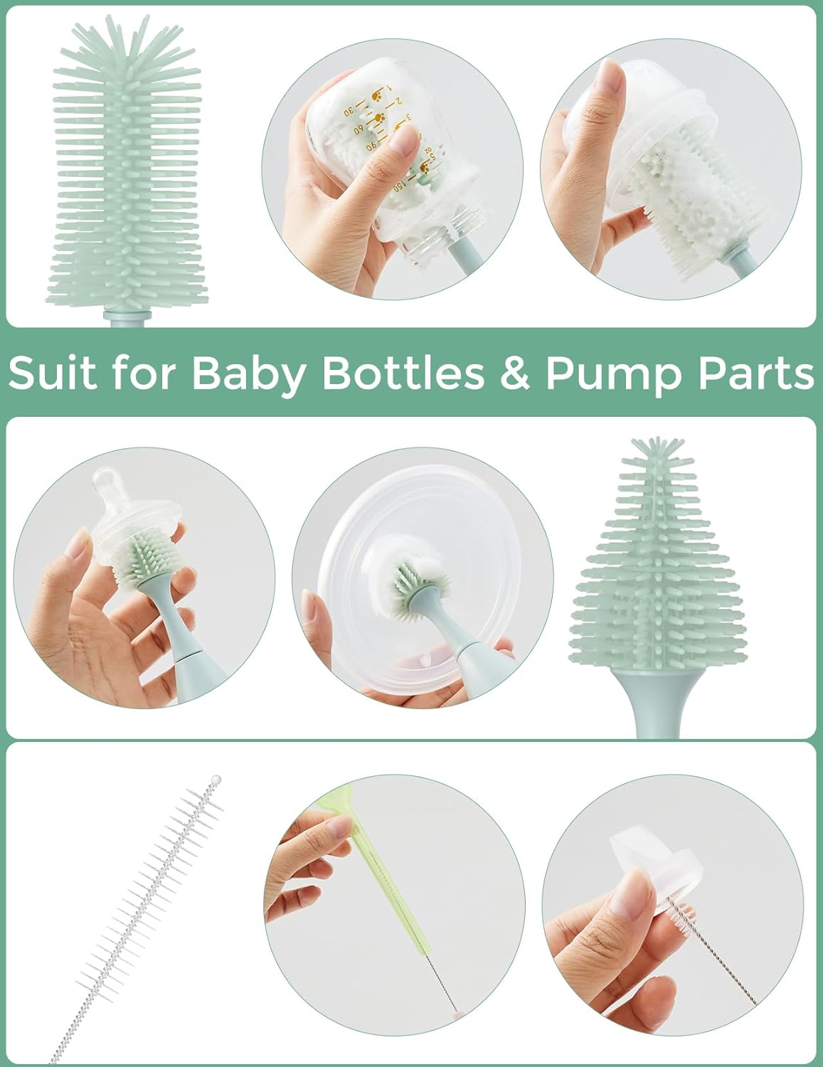 Momcozy Bottle Brush Set - Baby Bottle Cleaner Kit with Silicone Brush, Nipple Brush, Straw Brush, Soap Dispenser, Drying Rack - 7 in 1 Bottle Cleaning Tool for Home and Travel, Green