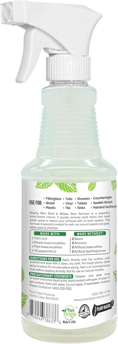 Mighty Mint Mold & Mildew Stain Remover Spray, Rapid Clean for Bathroom, Kitchen, Hard Water, Outdoors, Natural Peppermint Scent, 16oz