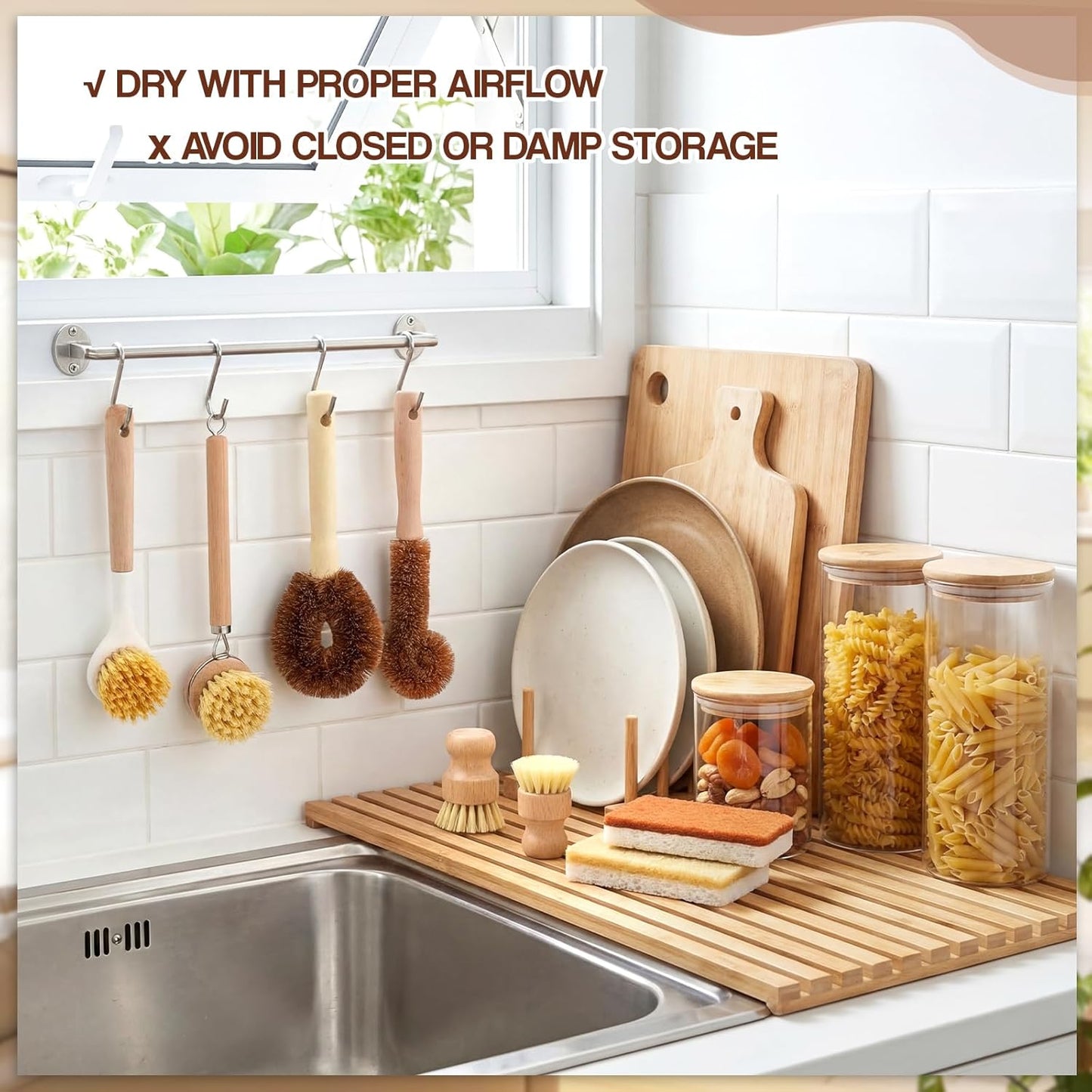 Sliner 14 Pcs Bamboo Dish Brush Set Include Natural Kitchen Sponge Wooden Dish Brush with Sisal Bamboo Scrubber for Kitchen Cleaning Pans Pots Bottles Vegetables
