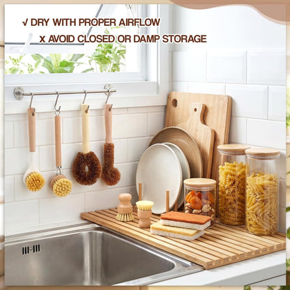 Sliner 14 Pcs Bamboo Dish Brush Set Include Natural Kitchen Sponge Wooden Dish Brush with Sisal Bamboo Scrubber for Kitchen Cleaning Pans Pots Bottles Vegetables