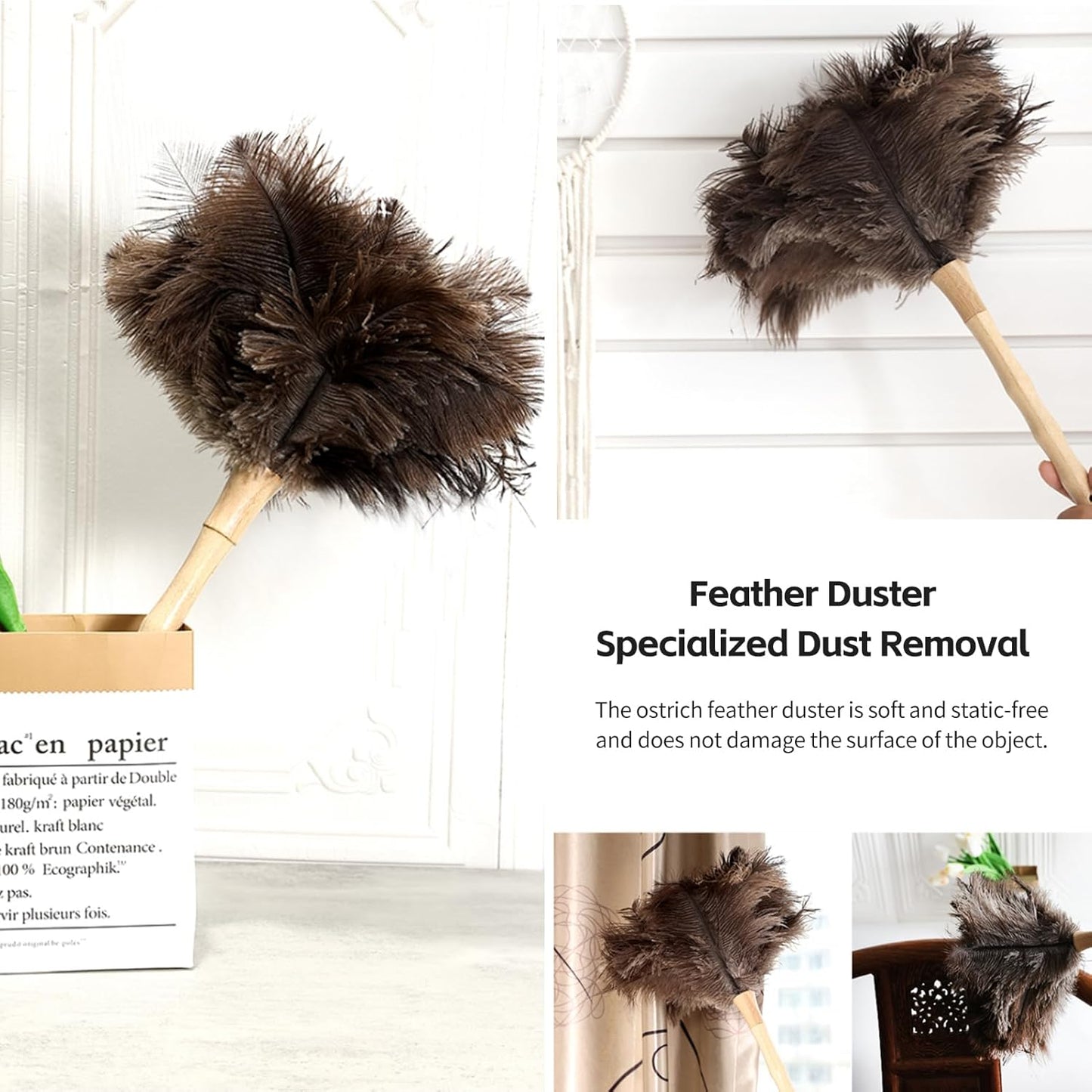 Retractable Ostrich Feather Duster for Cleaning, Fluffy and Natural Feather Duster with Retractable Handle， Reusable Eco-Friendly Handheld Cleaning Supplies (15 inch)