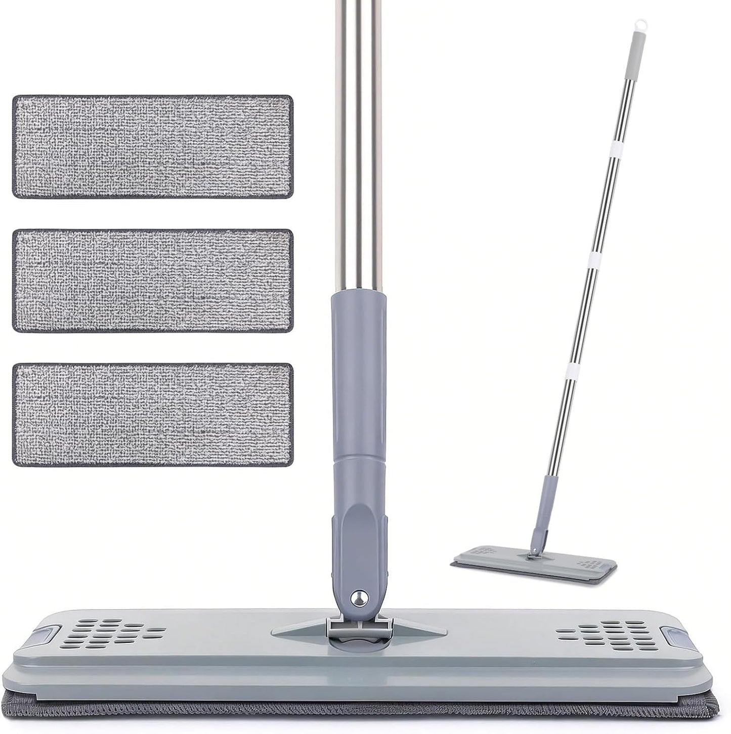 Flat Mop with 3 Pads, Microfiber Mops for Floor Cleaning Adjustable Handle 29-49, Dust Mop for Hardwood Floors, Wet Dry Use on Laminate Wood Tile Vinyl Wall Mopping Bathroom Kitchen Household Supplies