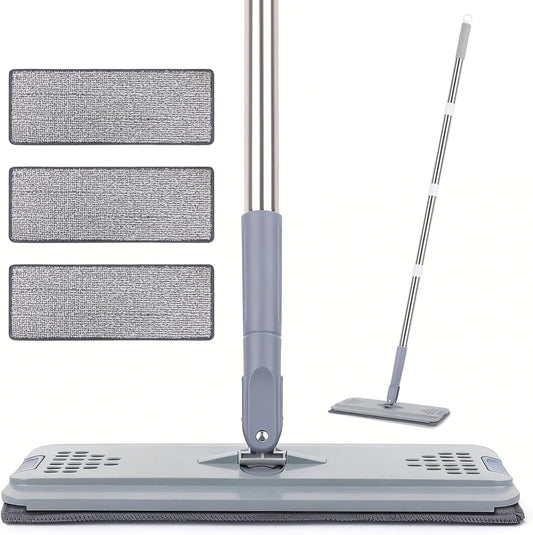 Flat Mop with 3 Pads, Microfiber Mops for Floor Cleaning Adjustable Handle 29-49, Dust Mop for Hardwood Floors, Wet Dry Use on Laminate Wood Tile Vinyl Wall Mopping Bathroom Kitchen Household Supplies