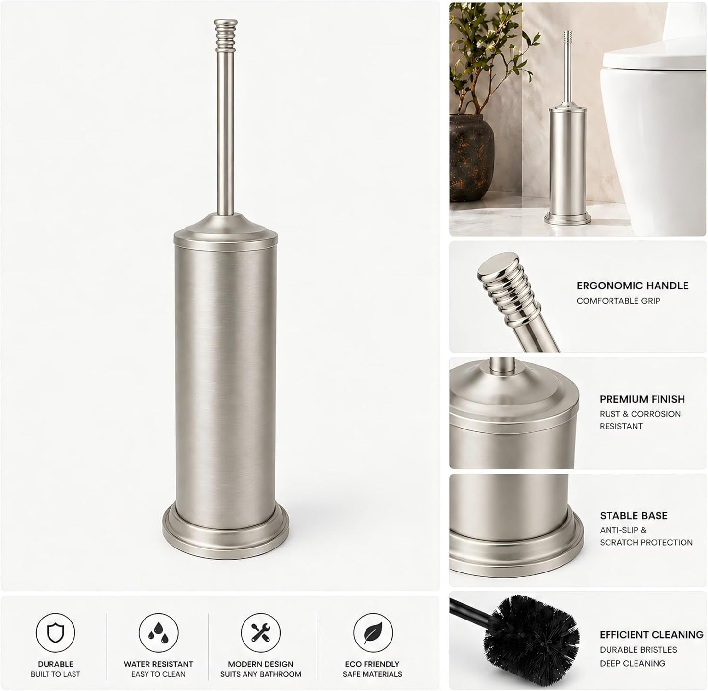 Black Toilet Brush and Holder Set，Extra Long Handled Toilet Bowl Brush and Holder，Stainless Steel Heavy Duty Toilet Brush for Bathroom,Deep Cleaning Modern Toilet Cleaner Slip Base