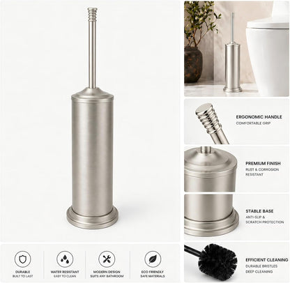 Black Toilet Brush and Holder Set，Extra Long Handled Toilet Bowl Brush and Holder，Stainless Steel Heavy Duty Toilet Brush for Bathroom,Deep Cleaning Modern Toilet Cleaner Slip Base