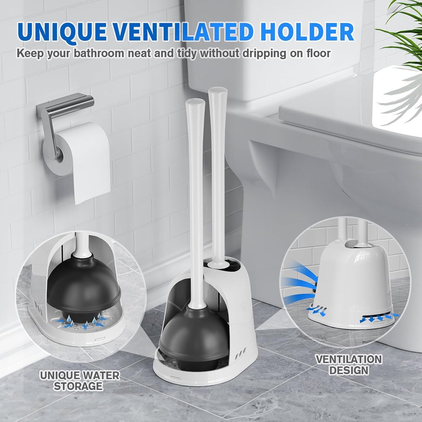 LOVLOY Toilet Plunger and Brush, Bowl Brush and Heavy Duty Toilet Plunger Set with Ventilated Holder, 2-in-1 Toilet Brush and Plunger Combo for 5.3-inch Toilet Drain Bathroom Cleaning (Black)