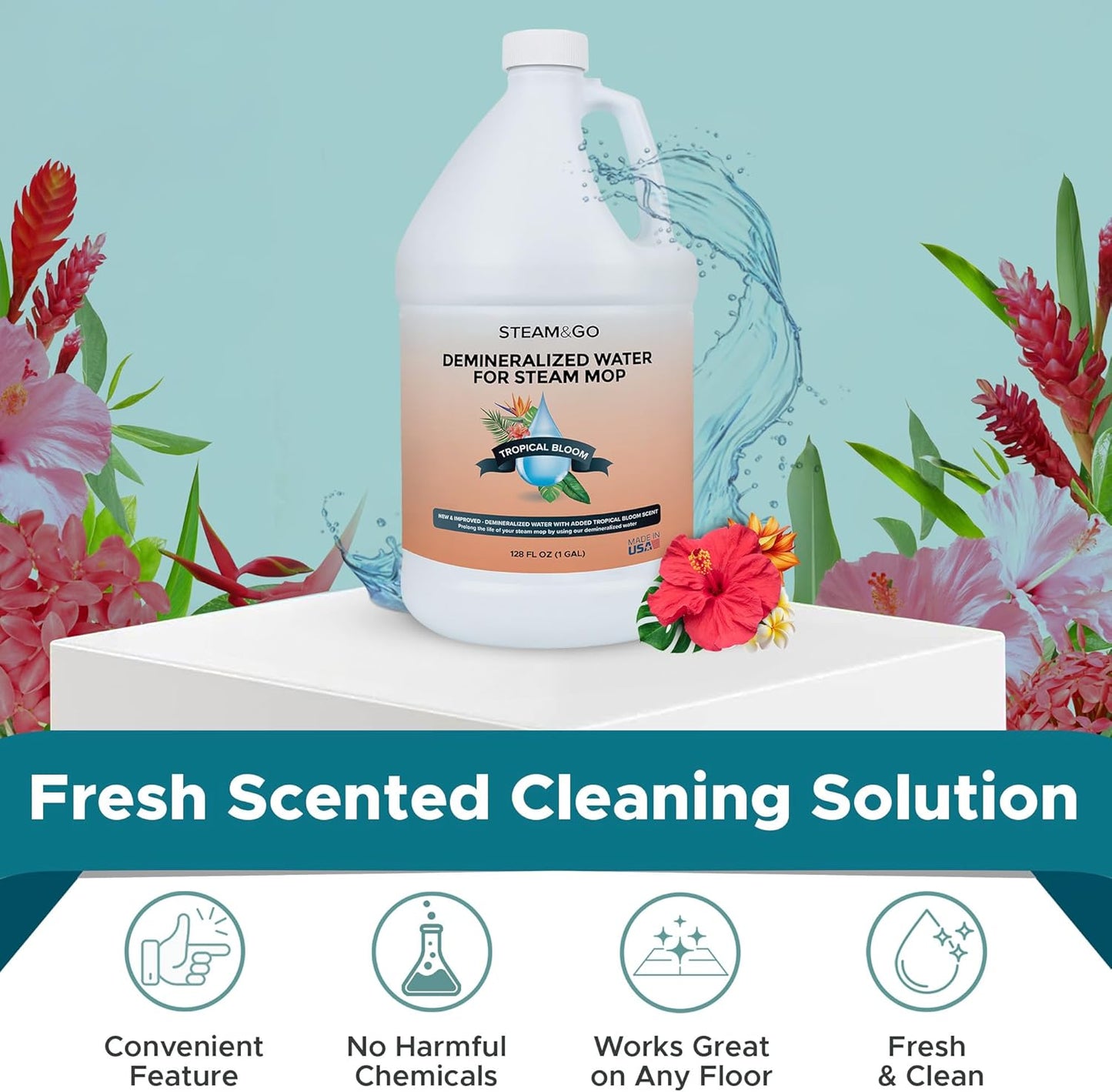 Steam & Go Demineralized Water for Steam Cleaner - PVC-Free Floor Cleaning Solution Compatible for All Steam Mops - Multi-Surface Cleaner for Home Surfaces - Tropical Bloom Scent, 32 oz