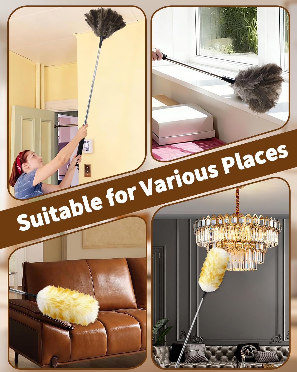 Extendable Ostrich Feather Duster with Bonus Wool Feather Duster Head - Natural Fluffy Non-Slip Handle Feathers Dusters for Cleaning Ceiling Fans, Blinds, Roof Dusting, High Surfaces (18-48 in)