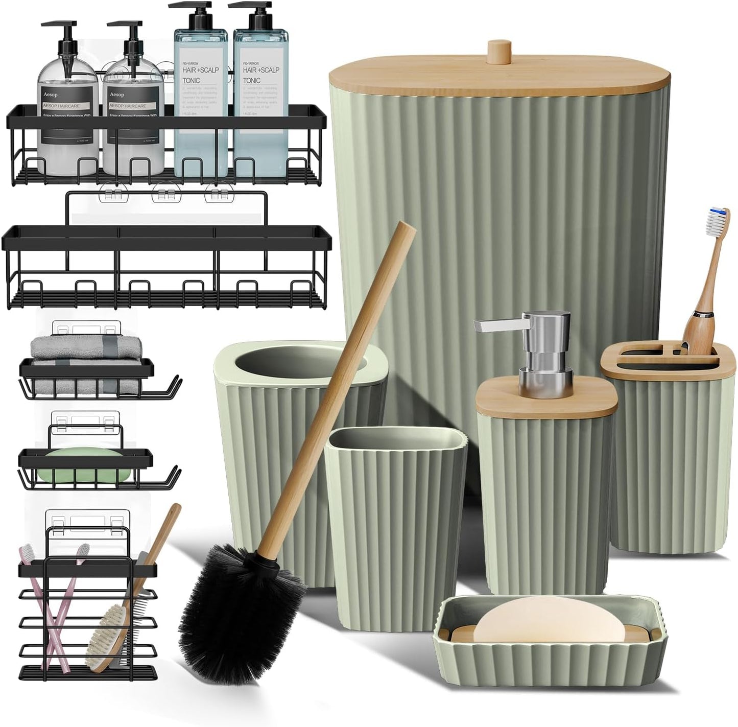 Clara Clark Bathroom Set - Sage Green Bathroom Accessories Set, 6PC Bathroom Accessory Set, Bathroom Sets with Toilet Brush, Trash Can & Soap Dispenser