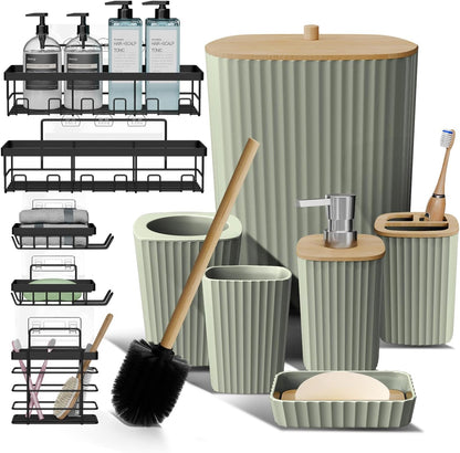 Clara Clark Bathroom Set - Sage Green Bathroom Accessories Set, 6PC Bathroom Accessory Set, Bathroom Sets with Toilet Brush, Trash Can & Soap Dispenser