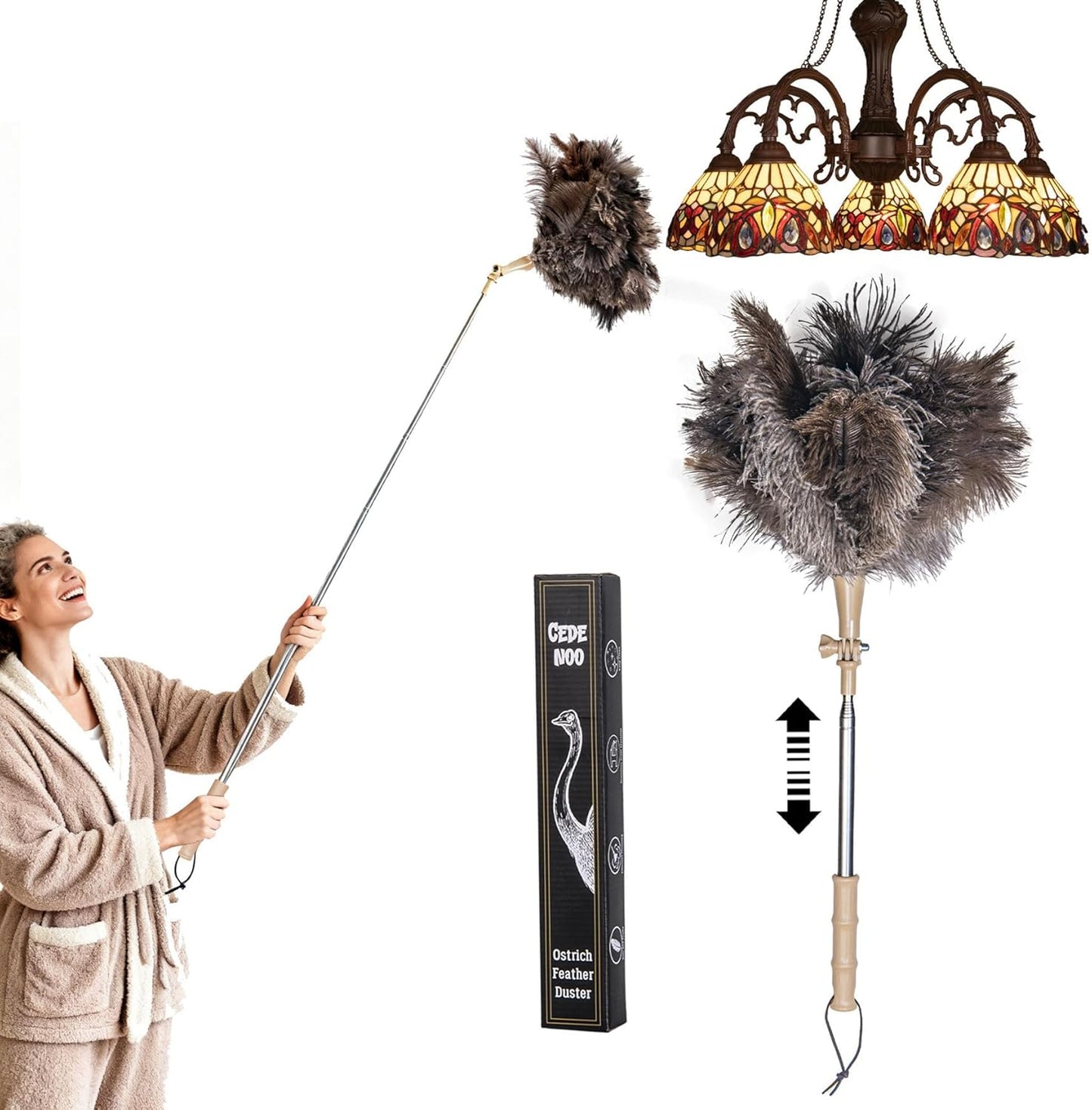 Extendable Ostrich Feather Duster, Natural Ostrich Feathers Long Handle Duster for Cleaning, 47” Soft & Fluffy Feather Duster for High Ceilings, Fans, Walls, Furniture, Home Dusting