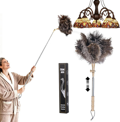 Extendable Ostrich Feather Duster, Natural Ostrich Feathers Long Handle Duster for Cleaning, 47” Soft & Fluffy Feather Duster for High Ceilings, Fans, Walls, Furniture, Home Dusting