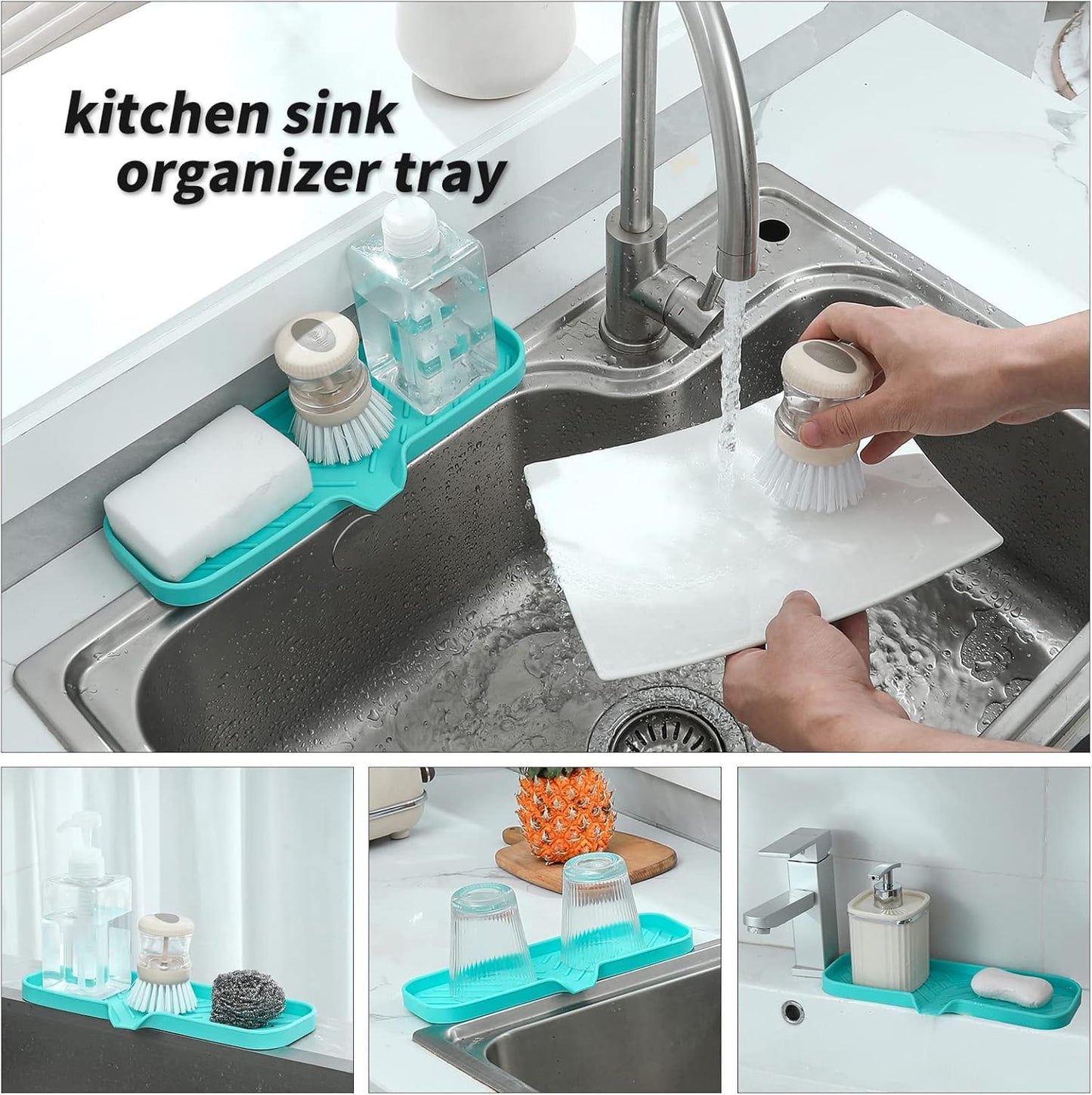 MicoYang Silicone Bathroom Soap Dishes with Drain Spout-Bathroom and Kitchen Sink Organizer,Sponge Holder,Dish Soap Tray,Perfect for Dispenser,Scrubber,Bottle,Cup on Sink or Counter-Black 4.9"×3.2"