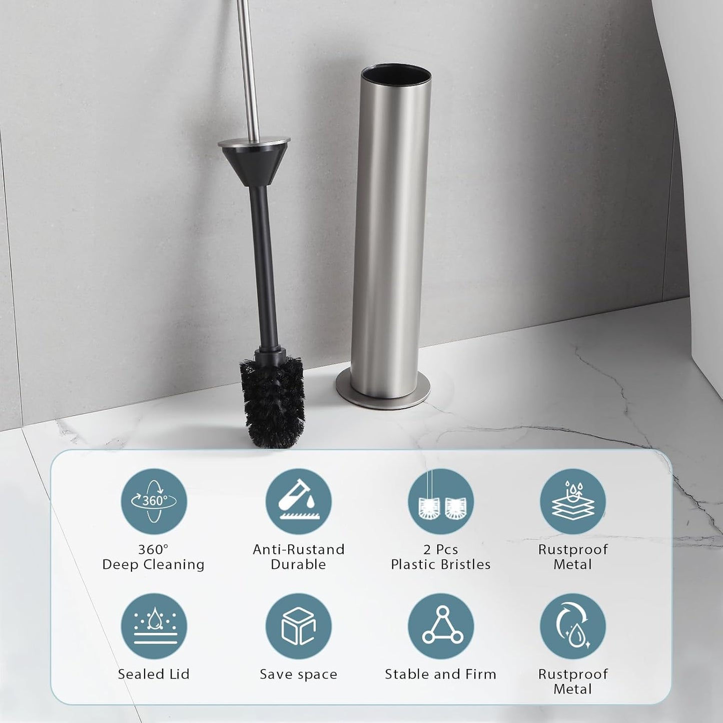 BGL Toilet Brush and Holder Set, Heavy Duty 304 Stainless Steel, Round Base and Long Handle for Bathroom Deep Cleaning, Drip-Proof, Space Saving for Storag, Polished Gold