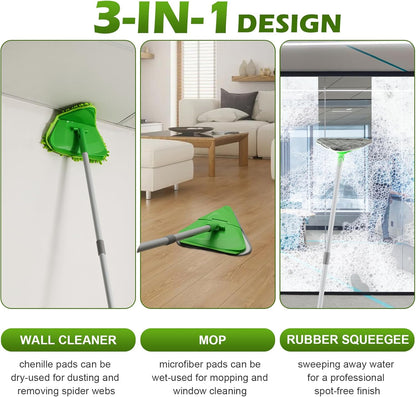 Wall Cleaner Triangle Mop with 82'' Long Handle - Wall Scrubber, Cleaning Washer Tool with 4 Microfiber Chenille Duster Pads for Clean Walls, Ceiling, Windows, Baseboards, Floors (Green, 4 Pads)