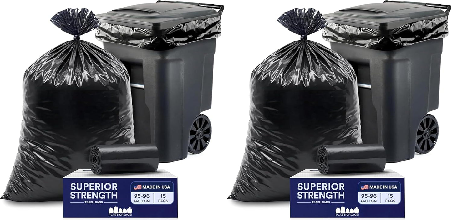 Plasticplace 95-96 Gallon Heavy Duty Black Trash Bags - Contractor Grade, Extra Large Garbage Bags for Construction & Outdoor Trash Cans, 1.2 Mil Thick, 61” x 68” (15 Count Roll)