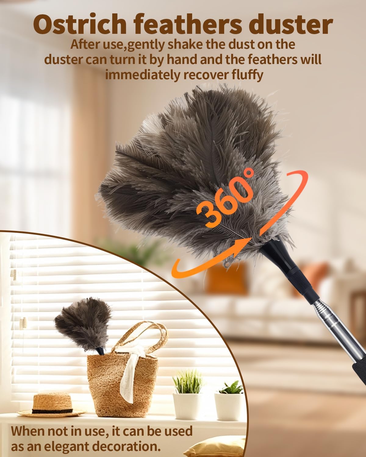 Extendable Ostrich Feather Duster with Bonus Wool Feather Duster Head - Natural Fluffy Non-Slip Handle Feathers Dusters for Cleaning Ceiling Fans, Blinds, Roof Dusting, High Surfaces (18-48 in)