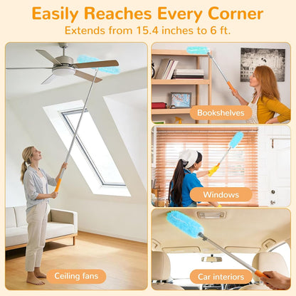 6 ft Heavy Duty Extendable Duster Handle with 50 Refills for Swiffer Duster, 360° Multi-Surface Dusters with 4X Cleaning Power for Home, Ceiling Fans, Windows, Dusting Hard-to-Reach Areas (Orange)