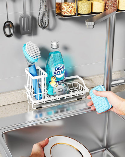 Consumest Sink Caddy, Kitchen Sponge Holder with Dish Brush Holder, Kitchen Organizer with Drip Tray for Countertop, Stainless Steel Rustproof - Silver