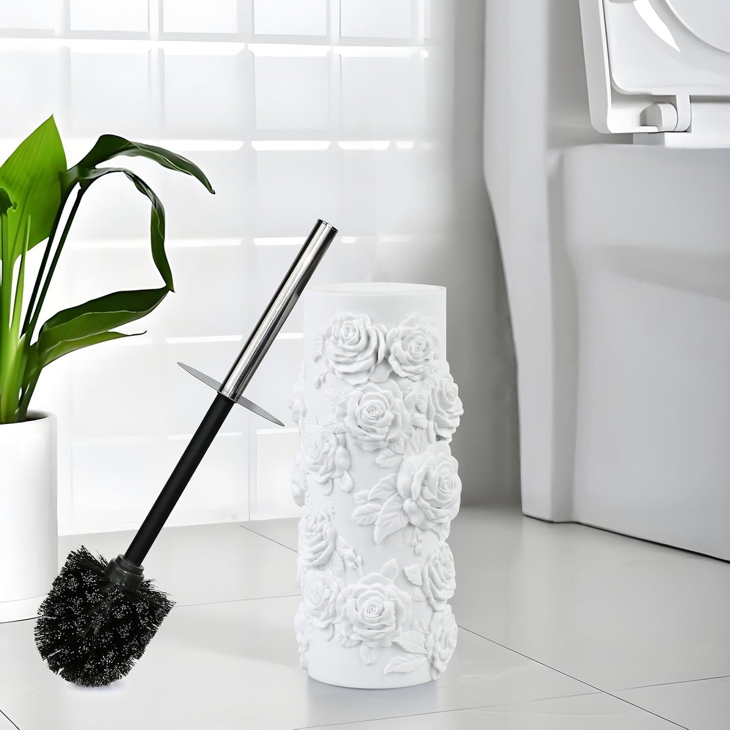 White Floral Branches Design Resin Toilet Bowl Brush and Holder Set, Elegant Bathroom Cleaning Tool with Durable Bristles, Compact and Functional