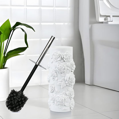 White Floral Branches Design Resin Toilet Bowl Brush and Holder Set, Elegant Bathroom Cleaning Tool with Durable Bristles, Compact and Functional