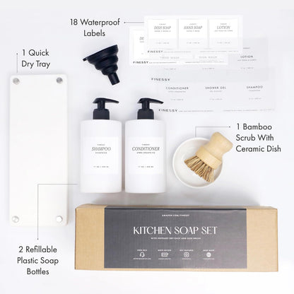 Luxe White Kitchen Soap Dispenser Set with Tray and Dish Brush, Refillable Hand and Dish Soap Dispenser Set Bottles with Pump for Lotion Handsoap Liquid Dishwashing Kitchen and Bathroom Countertop Set